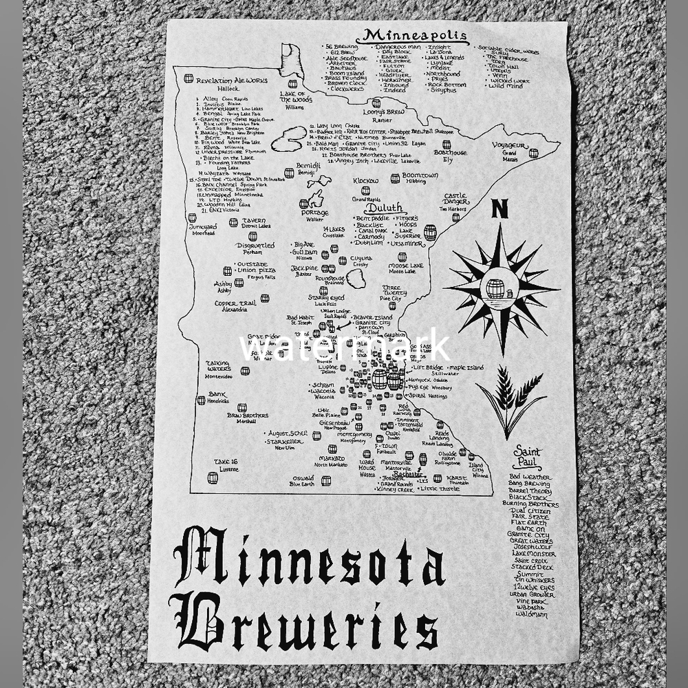Minnesota Breweries Hand Drawn Fantasy Map